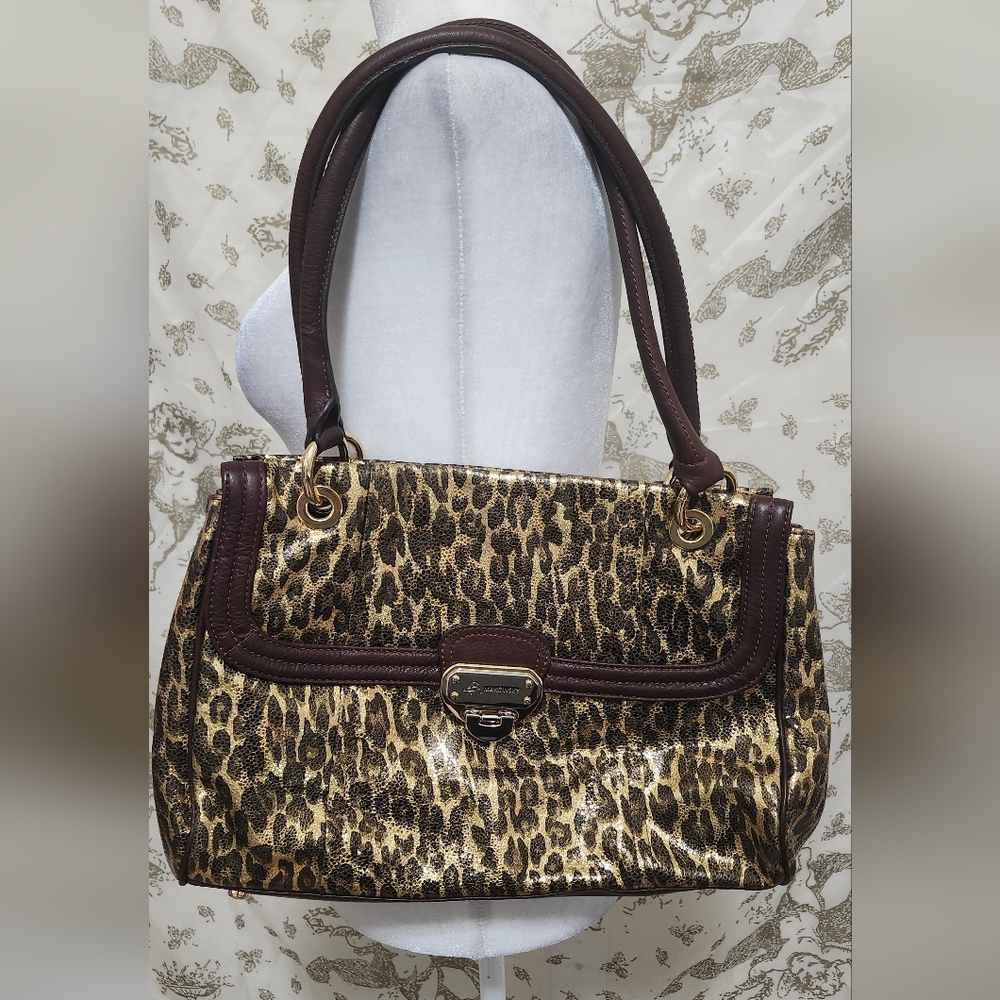 Rare B Makowsky Leopard Gold Print Leather Handbag with Brown Accents